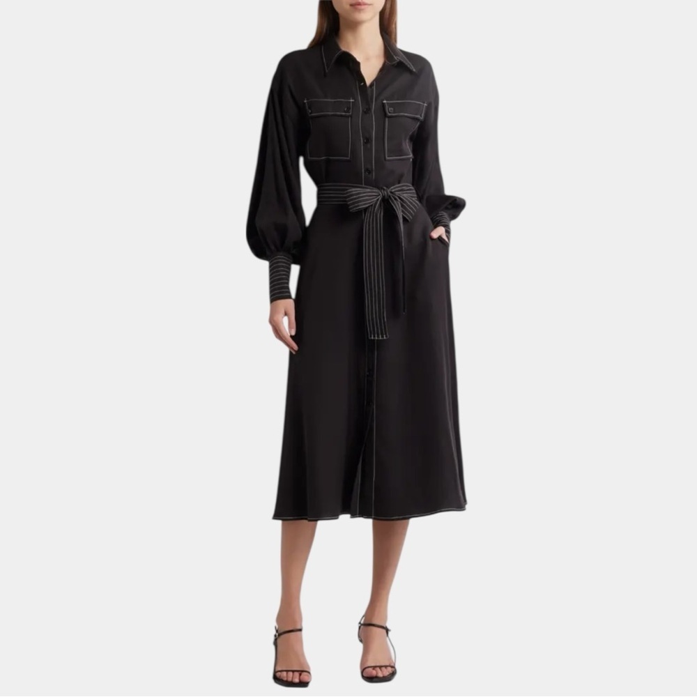 CIEBON Janie Topstitch Tie Waist Long Sleeve Midi Dress in Black Size XS